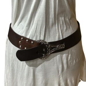 Chico’s Wide Brown Genuine Leather Belt Size M | Silver Statement Buckle